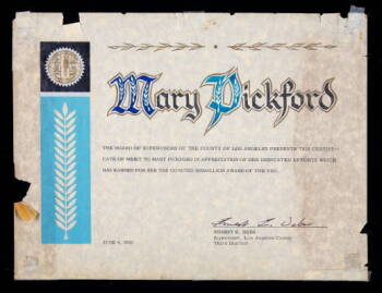 MARY PICKFORD CERTIFICATE OF MERIT