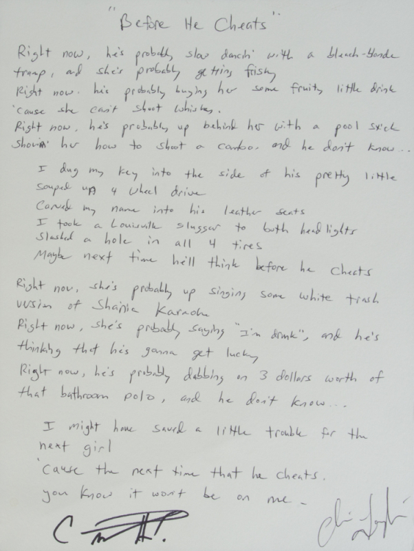 CARRIE UNDERWOOD AND SONGWRITER HANDWRITTEN AND SIGNED "BEFORE HE CHEATS" LYRICS