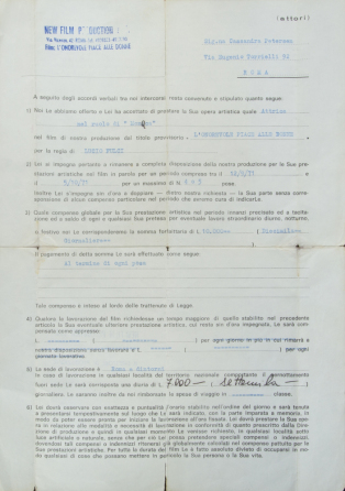 ELVIRA CONTRACT FOR LUCIO FULCI PRODUCTION "L'ONOREVOLE PIACE ALLE DONNE" AKA "THE EROTICIST"