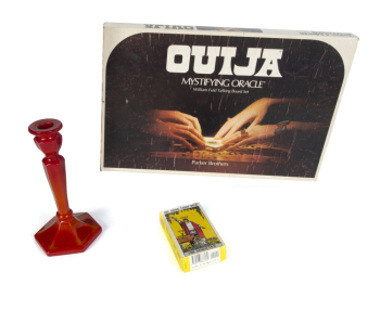 ELVIRA OUIJA BOARD, RIDER TAROT DECK AND CANDLE STICK