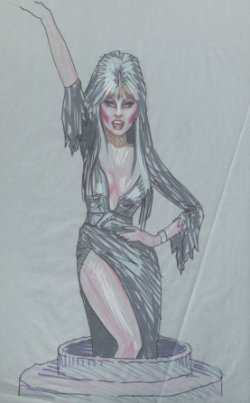 ELVIRA ROBERT REDDING COMING OUT OF A CAKE GREETING CARD CONCEPT DRAWING