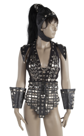 ELVIRA “BIKER MAMA” SCREEN-MATCHED SILVER-TONE STUDDED LEATHER COSTUME FROM “PEE-WEE’S BIG ADVENTURE” (WITH DVD)