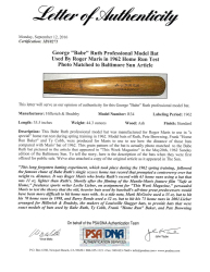 BABE RUTH PROFESSIONAL MODEL BAT USED BY ROGER MARIS IN 1962 HOME RUN EXPERIMENT (PSA) - 7