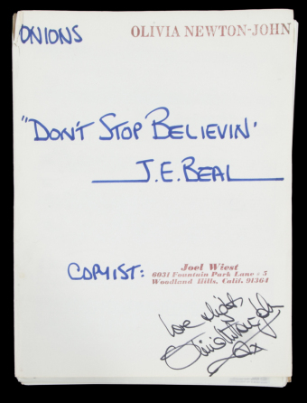 OLIVIA NEWTON-JOHN SIGNED "DON'T STOP BELIEVIN' " ONIONS WITH SIGNED COVER AND SIGNED IMAGE