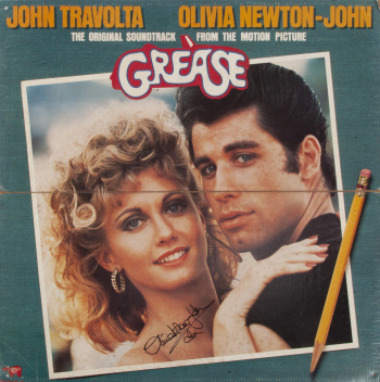 OLIVIA NEWTON-JOHN SIGNED VINTAGE GREASE SOUNDTRACK RETAIL DISPLAY