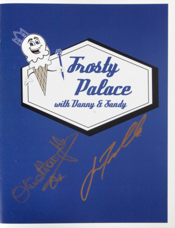 OLIVIA NEWTON-JOHN AND JOHN TRAVOLTA SIGNED MENU FROM 2019 "MEET 'N' GREASE MOVIE SING-A-LONG!" AND SIGNED IMAGE