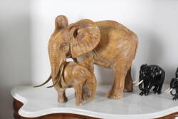 JOHN RUTHVEN ELEPHANT PRINT AND ASSORTED GROUP OF CARVED WOODEN ELEPHANTS - 2
