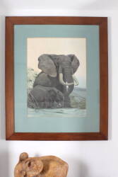 JOHN RUTHVEN ELEPHANT PRINT AND ASSORTED GROUP OF CARVED WOODEN ELEPHANTS - 4