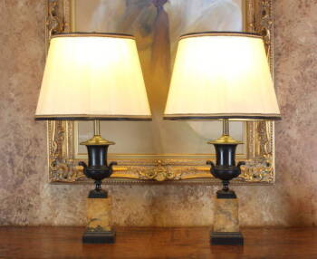 PAIR OF BLACK METAL AND MARBLE BASE TABLE LAMPS