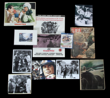 JAMES GARNER: "GRAND PRIX" SIGNED PHOTO AND EPHEMERA GROUP WITH "WEEKEND TRIBUTE TO PHIL HILL" TRIBUTE AWARD