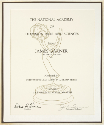 JAMES GARNER: "THE ROCKFORD FILES" 1975-1976 EMMY NOMINATION CERTIFICATE