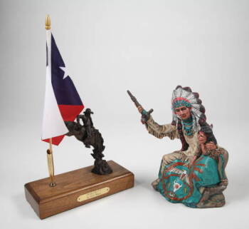 CERAMIC INDIAN CHIEF STATUE AND EDD HAYES PEN SET