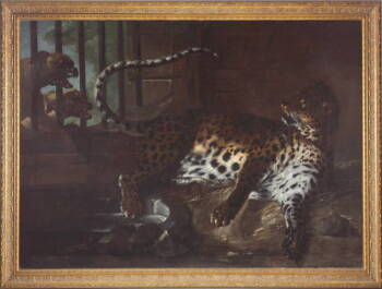 19TH CENTURY PAINTING OF A CAGED LEOPARD