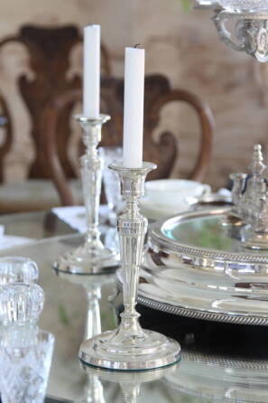 SET OF FOUR SILVERPLATED CANDLESTICKS AND WALLACE STERLING "VIOLET" PARTIAL FLATWARE SERVICE