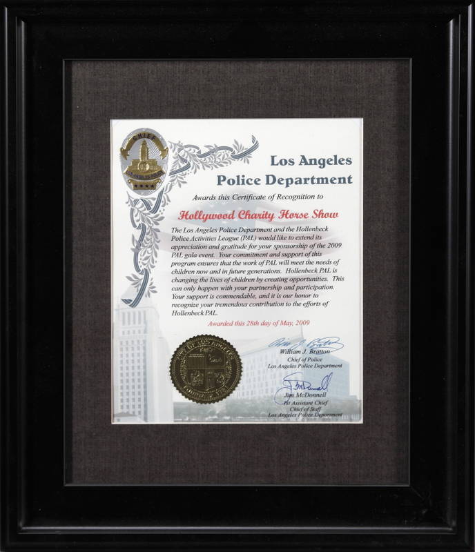 LOS ANGELES POLICE DEPARTMENT CERTIFICATE OF APPRECIATION