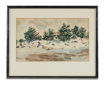 BETTY WHITE: TESS WHITE LANDSCAPE WITH TREES AND ROCKS WATERCOLOR PAINTING