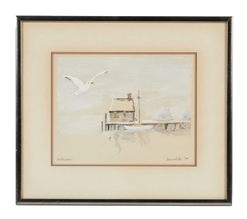 BETTY WHITE: TESS WHITE SEAGULL AND HOUSE WATERCOLOR PAINTING