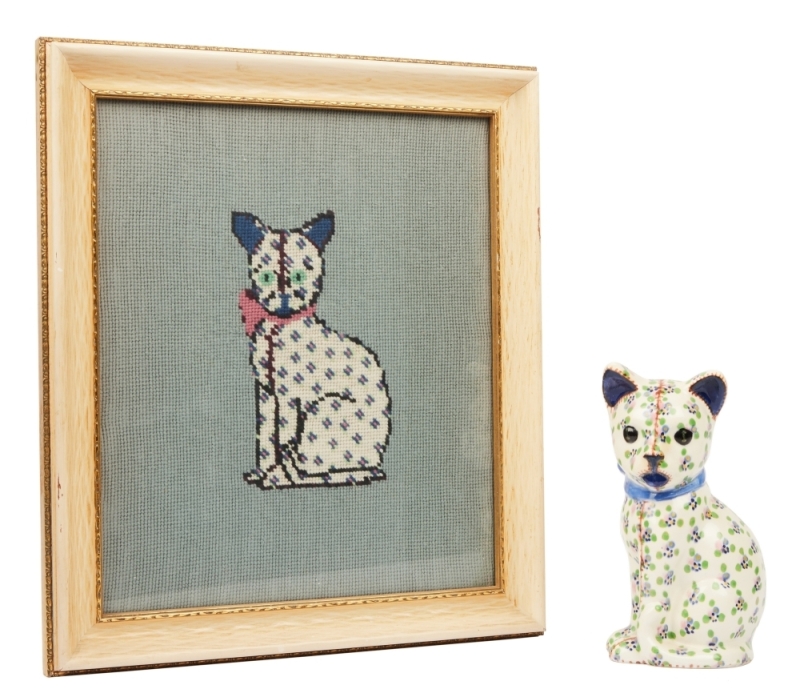 BETTY WHITE: CALICO CAT HANDMADE FRAMED NEEDLEPOINT AND MATCHING CERAMIC CAT FIGURINE