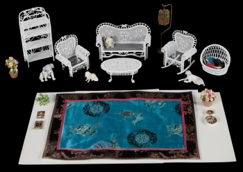 BETTY WHITE: DOLLHOUSE FURNITURE AND FIGURINES WITH RUG