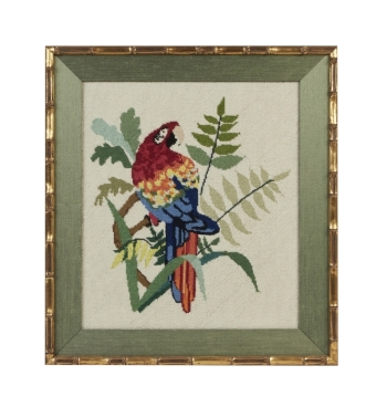 BETTY WHITE: HANDMADE FRAMED NEEDLEPOINT PARROT WALL DECORATION