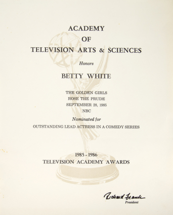 BETTY WHITE: "THE GOLDEN GIRLS" 1985-86 EMMY NOMINATION CERTIFICATE