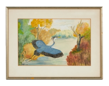 BETTY WHITE: TESS WHITE BLUE BIRD IN A RIVER LANDSCAPE WATERCOLOR PAINTING