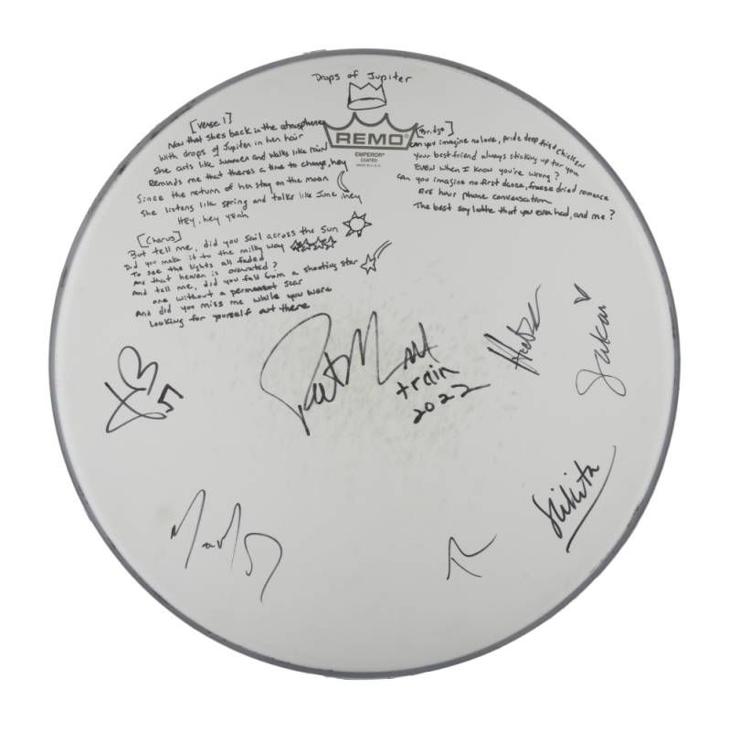 TRAIN: STAGE-PLAYED BAND-SIGNED "DROPS OF JUPITER" PAT MONAHAN HANDWRITTEN LYRICS DRUMHEAD