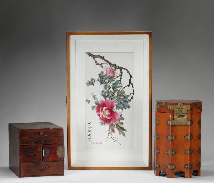 ASIAN WATERCOLOR FLOWER DRAWING AND TWO BOXES