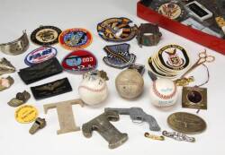 PAINTED LACQUER TRAY WITH BASEBALLS AND OTHER ASSORTED TRINKETS