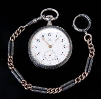 OMEGA SILVER NIELLO OPEN-FACED POCKET WATCH AND FOB CHAIN