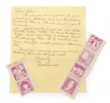 MOE HOWARD LETTER AND THREE STOOGES STAMPS