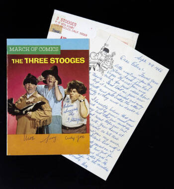 THREE STOOGES MARCH OF COMICS SIGNED BOOK AND LETTER