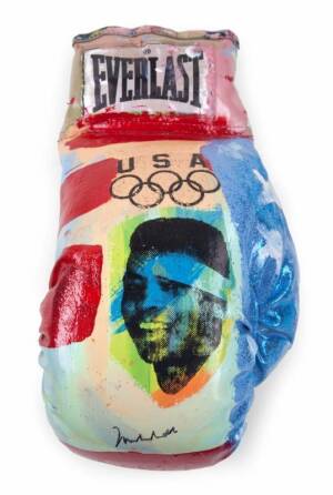 STEVE KAUFMAN PAINTED BOXING GLOVE SIGNED BY MUHAMMAD ALI