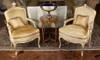 PAIR OF GOLD VELOUR VINTAGE HENREDON FAUTEUILS