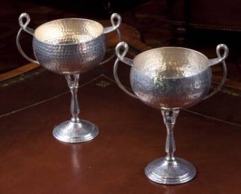 PAIR OF ART NOUVEAU STYLE HAMMERED METAL CHALICES