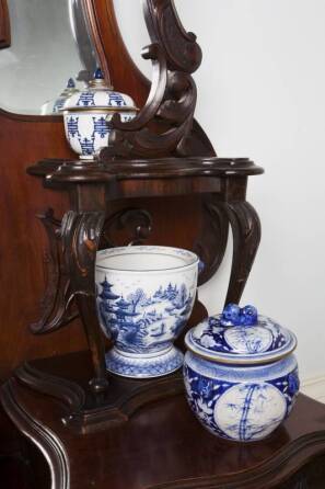 GROUP OF SEVEN BLUE AND WHITE ASIAN LIDDED BOWLS AND A CACHEPOT