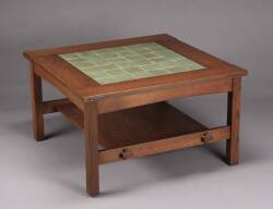 A PAIR OF ARTS AND CRAFTS STYLE GREEN TILE TOP COFFEE TABLES - 2