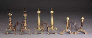 A GROUP OF THREE SETS OF BRASS ANDIRONS