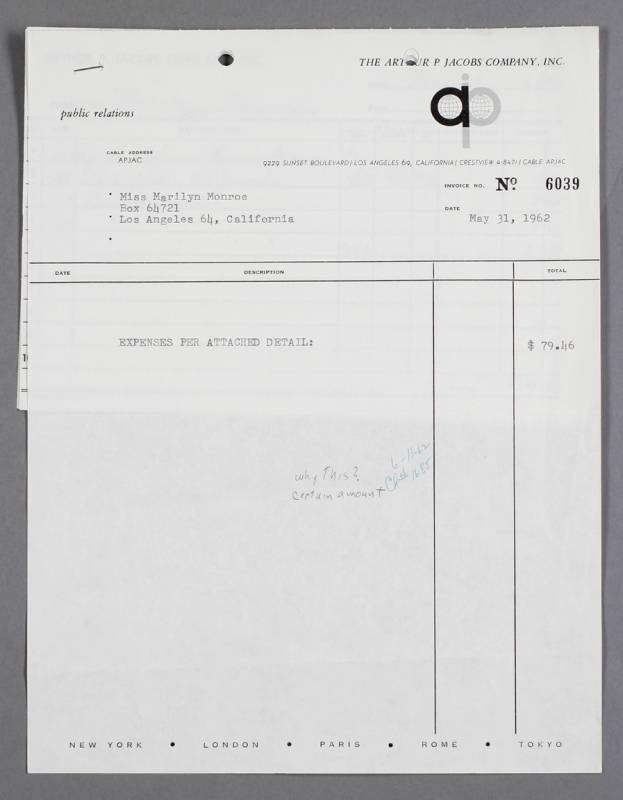 MARILYN MONROE PUBLIC RELATIONS EXPENSE INVOICE