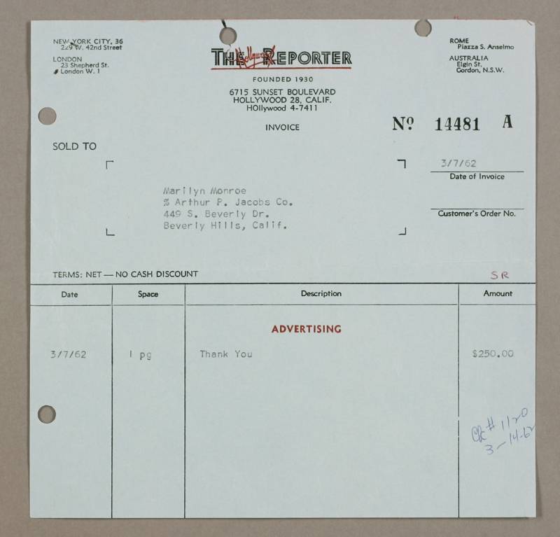 MARILYN MONROE INVOICE FROM THE HOLLYWOOD REPORTER