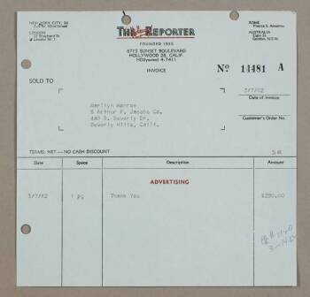 MARILYN MONROE INVOICE FROM THE HOLLYWOOD REPORTER