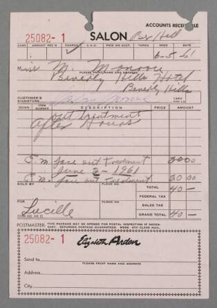 MARILYN MONROE SIGNED SALON RECEIPT