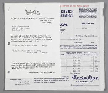 MARILYN MONROE FUR STORAGE RECEIPT