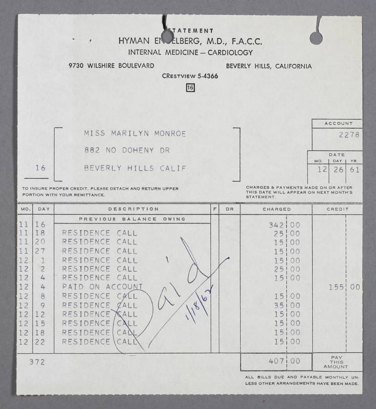 MARILYN MONROE INVOICE FROM HYMAN ENGELBERG, MD