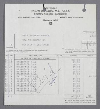 MARILYN MONROE INVOICE FROM HYMAN ENGELBERG, MD