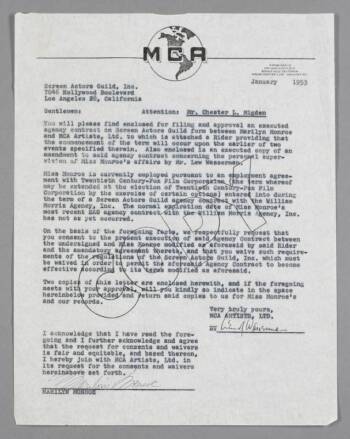 MARILYN MONROE SIGNED MCA ARTISTS CONTRACT