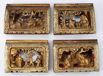SET OF FOUR CHINESE RELIEF CARVED GILDED PANELS