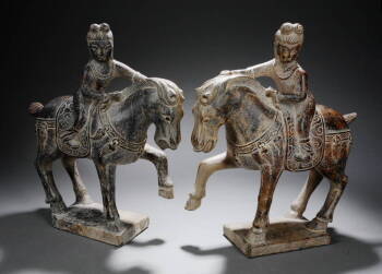 PAIR OF CARVED STONE TANG HORSES WITH RIDERS