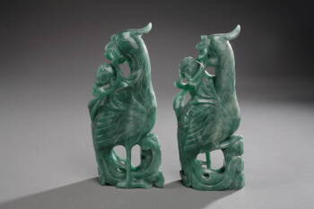 PAIR OF CHINESE CARVED JADE HO HO BIRDS