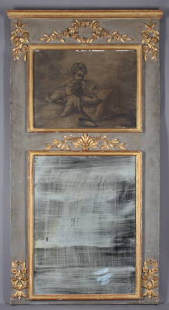 PARCEL GILT AND GRISAILLE PAINTED TRUMEAU MIRROR